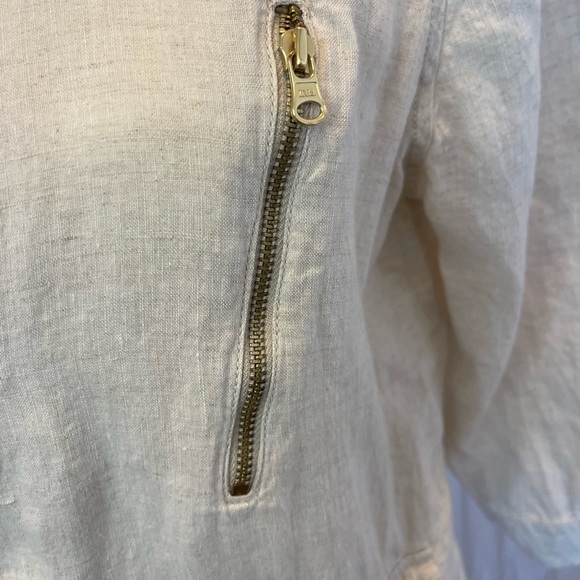 Chico's 100% Linen Size 2 3/4 Sleeve Jacket Beige W/Gold Accents - Picture 2 of 12